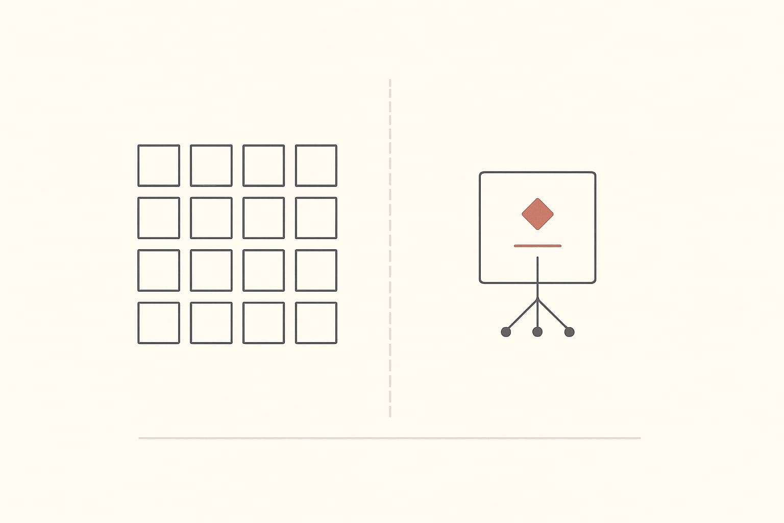 A crowded stack of small identical cards on one side, a single larger card with a terracotta accent on the other — capacity versus judgment
